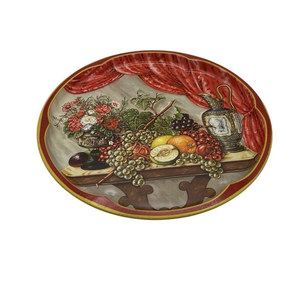 Daher Decorated Ware Serving Tray Round Large Red Gold Still Life Fruit Floral